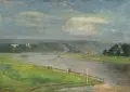 Gustav Löhr, Neustädter Elbufer mit Blick auf die Loschwitzer Hänge und Schlösschen Antons, 1913, Öl auf Malpappe
