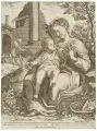 Diana Scultori, Die Heilige Familie, Kupferstich auf Bütten mit Wasserzeichen "Fleur de Lis im Kreis"