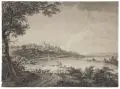 Philipp Veith, Blick auf die Briesnitzer Kirche bei Dresden oberhalb des Elblaufs, Um 1800, Feder- und Pinselzeichnung in schwarzer und grauer Tusche, laviert, auf Bütten