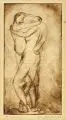 Alfred Glatter, Umarmung, Kaltnadelradierungen mit Plattenton in Braun auf gelblichem Papier