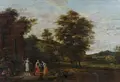 Jacques d'Arthois, Nördliche niederländische Schule, Frauen am Brunnen in arkadischer Landschaft. Spätes 17. Jh./Frühes 18. Jh, Öl auf Eichenholz, aus vier horizontal verlaufenden Tafeln gefügt, verso mit späterer Parkettierung
