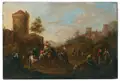 Italienisierende Landschaft mit Reitergruppe. 1740er/1750er Jahre by Johann Christian Vollerdt, Öl auf Holz, sold Jun 2024