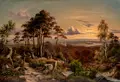 Johann Anton Castell, Blick vom Wolfshügel auf Dresden im Abendlicht, 1860, Öl auf Papier, auf Malpappe kaschiert