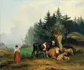 Adolf Friedrich, Hirtin mit ihrer ruhenden Herde. 1850er Jahre, Öl auf Leinwand