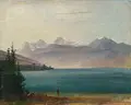 Friedrich Preller der Jüngere, Friedrich Preller d.J., Blick auf den Thunersee mit Interlaken und Eiger, Mönch und Jungfrau, 1885, Öl auf Leinwand, auf Hartfaser maroufliert