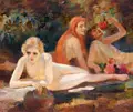 Paul Barthel, Drei Nymphen am Waldbach. Wohl um 1910, Öl auf Sperrholz