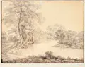 Simon Warnberger, Wäscherin am Fluss. 1. H. 19. Jh, Federzeichnung in Tusche, laviert