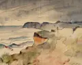 Arno Drescher, Fünf Ostseelandschaften / Flusslandschaft. Wohl 1930er Jahre, Aquarelle, über Blei und Kugelschreiber auf verschiedenen Büttenpapieren