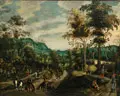 Jan Brueghel d.Ä., (Nachfolger), Reges Treiben auf einer Landstraße. Wohl 17. Jh, Öl auf Leinwand