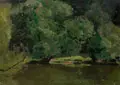Erich Scholz, Dresdner Schule, Bäume am Wasser. Wohl 3. Viertel 19. Jh, Öl auf Malpappe, vollflächig auf Malpappe kaschiert