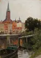 Walter Moras, Lübeck – Blick über die Trave auf St. Petri. Wohl 1880er Jahre, Öl auf Papier, auf Malpappe montiert