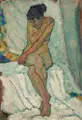Johann Walter-Kurau, (Schule), Sitzender weiblicher Akt. Um 1915– 1919, Öl auf dünnem Karton, auf Hartfaser kaschiert