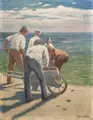 Ernst Oskar Simonson-Castelli, Männer mit Handkarren am Meeresstrand, Um 1900, Öl auf Leinwand