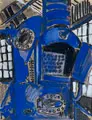 Lutz Fleischer, Blaue Hebelmaschine / Landmaschinenbau Fortschritt – Günther an der Einständerkurbelpresse. 1979 / Um 1986, Deckfarben über Grafit auf bräunlichem Papier / Farbserigrafie auf leichtem Karton. "Blaue Hebelmaschine" U.Mi signiert und datiert "fleischer 79". verso mit ei