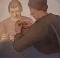 Erich Ockert, Strickende Frauen, 1950, Öl auf Hartfaser