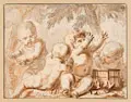 Jeux d'Enfants by Louis Félix de Larue d. J., 1758, Federzeichnungen in Tusche, grau laviert, über Rötel, mit schwarzer Einfassungslinie in Tusche, auf Bütten, sold Mar 2024