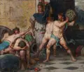 Otto Brandt, Titanen überfallen ein bacchanales Trinkgelage, im Hintergrund eine Statue der Athene. Wohl 3. Viertel 19. Jh, Aquarell und Gouache auf Zeichenkarton