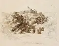 Johann Christoph Erhard, Burgthann von der Förresmühle aus, Um 1810, Aquarell über Bleistiftzeichnung auf feinem Bütten mit angeschnittenem Wasserzeichen