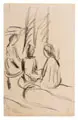 August Macke, Studie sitzender Mädchen, 1913, Kohlestiftzeichnung auf dünnem, cremefarbenen Zeichenpapier