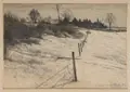 Richard Müller, Zerstörtes Gehöft bei Dinant, 1914, Kohlestiftzeichnung auf bräunlichem Papier