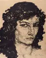 Hans Unger, Frauenporträt, en face mit schulterlangem Haar, 1910, Lithografie auf braunem Papier