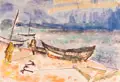 Erhard Hippold, Fischerboote am Strand von Zempin, 1962, Aquarell und Federzeichnung in Tusche auf leichtem Aquarellkarton