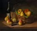 Stillleben mit Birnenkorb und Flaschen. Spätes 19. Jh. / frühes 20. Jh by Arthur Alfred Brunel De Neuville, Öl auf Leinwand, sold Nov 2023