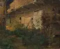 Wilhelm Carl August Zimmer, Altes Gehöft in Thüringen, 1882, Öl auf Malpappe, dreiteilig, auf eine zweite Malpappe kaschiert, diese mit umlaufender Randverstärkung