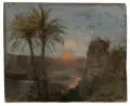 Themistokles von Eckenbrecher, (zugeschr.), Ägypten – Pyramide im Abendlicht. Wohl Mitte 1880er Jahre, Öl auf Holz