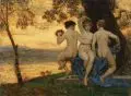 Paul Kießling, Die drei Grazien am abendlichen Seeufer, 1913, Öl auf Holz