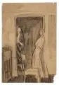 Lutz Fleischer, Zwei Figuren im Raum / Interieur mit Kleiderpuppe . Wohl 1980er Jahre, Kohlestiftzeichnungen auf Papier, eine Arbeit mit Farbstift koloriert