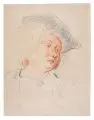 Jean-Antoine Watteau, (zugeschr.), Kopfstudie eines jungen Mannes mit Hut. Wohl um 1717, Rote und schwarze Kreide auf gelblichem Bütten mit angeschnittenem Wasserzeichen am Blattrand Mi.li. (Kreis mit Ornament?)