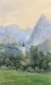 Eduard Emil August Leonhardi, Dorfkirche in den Alpen (Zugspitzmassiv?), 1895, Aquarell auf kräftigem Papier