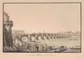 Johann Carl August Richter, Die Dresdner Brücke gegen Morgen, Um 1830, Umrissradierung, altkoloriert, auf Bütten