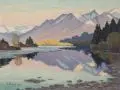 Elfriede Jungk, Abendstimmung am Silsersee, Oberengadin (?), 1945, Öl auf Leinwand