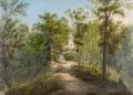 Christian Gottlob Hammer, Spätsommerlicher Parkweg mit alter Eiche. Wohl 1820er Jahre, Aquarell und Gouache über Bleistiftzeichnung, partiell eiweißgehöht, auf kräftigem, gelblichen Karton
