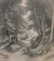 Reiner Dahlen, (zugeschr.) , Hohlweg im Wald mit rastender Mutter und Kind, 1868, Bleistiftzeichnung auf gräulichem Papier, partiell weiß gehöht