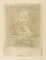 Arthur Illies, Selbstporträt mit Zeichenbrett. Wohl 1920er Jahre, Kaltnadelradierung mit leichtem Plattenton