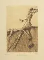 Ernst Heinrich Kromer, Don Quixotes Erwachen, Radierung in Braun mit Plattenton auf festem, gelblichen Papier und zwei Holzstiche auf Japan