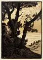Pierre Waidmann, Drei Landschaftsdarstellungen / Köhlerin / Gehöft unter Kiefern. Wohl 1910er Jahre, Farbholzschnitte, "Gehöft unter Kiefern" mit Deckfarben gehöht