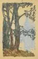 Pierre Waidmann, Drei Waldlandschaften / zwei Stadtansichten. Wohl 1910er Jahre, Farbholzschnitte