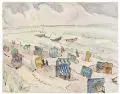 Gussy Hippold-Ahnert, Badestrand, Aquarelle über Grafitzeichnung auf wolkigem Papier bzw