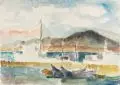 Gussy Hippold-Ahnert, Schiffe am Pier, 1962, Aquarell über Grafitzeichnung auf Bütten