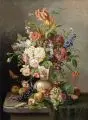 G. Tomassi, Blumenstillleben mit Früchten und Miniaturbild. 19. Jh, Öl auf Leinwand
