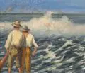 Ernst Oskar Simonson-Castelli, Zwei Männer am Meer, Um 1900, Öl auf Malpappe