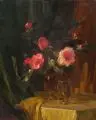 Arno Drescher, Stilleben mit Kamelienzweigen und Rose. Wohl 1950er Jahre, Öl auf Sperrholz