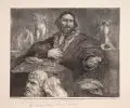 Cornelis Visscher II, (nach Lorenzo Lotto), Bildnis des Kunstsammlers Andrea Odoni. 1655– 1658, Kupferstich auf Bütten mit Wasserzeichen