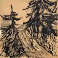 Bartold Asendorpf, Weg am Wald im Thüringer Land, 1936, Feder- und Pinselzeichnung in Tusche auf bräunlichem Pergamentpapier