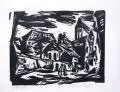 Rüdiger Berlit, Kleinstadt mit Kirchturm. Wohl späte 1910er Jahre, Holzschnitt auf Japan