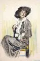 Ferdinand Dorsch, Sitzende junge Dame mit Hut (Johanna Dorsch?). Wohl 1910er Jahre, Kreidezeichnung, aquarelliert Unsigniert
